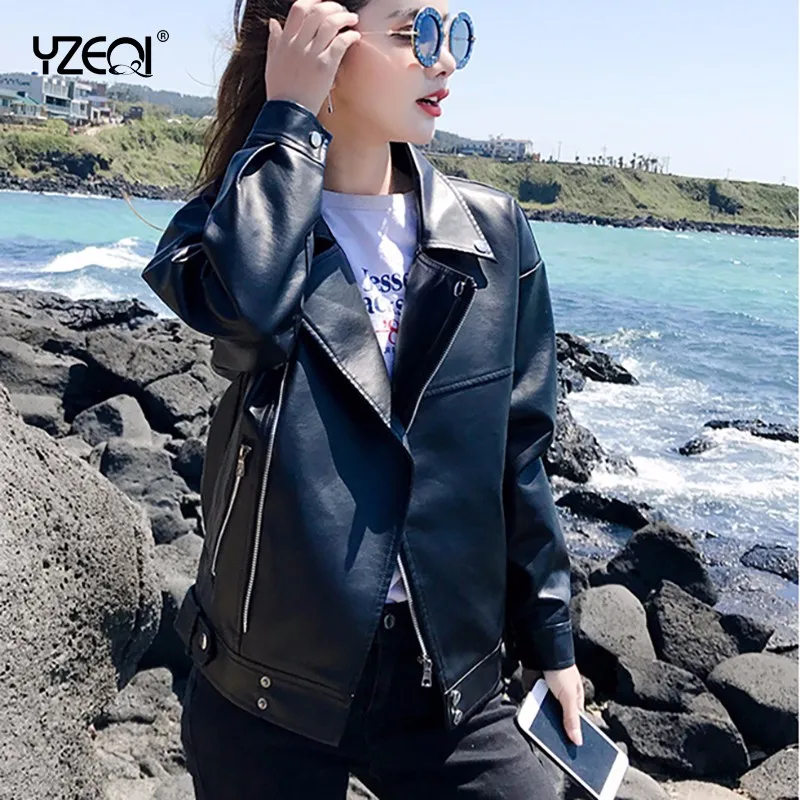 Yzeqi New Autumn 2021 Women Faux Leather Jacket Pu Fashion Biker Jackets Outwear Female Tops Bf Style Black Leather Jacket Coat