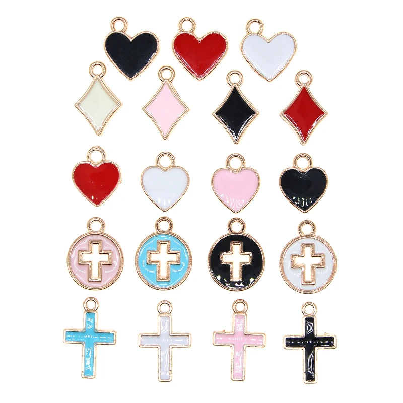 20pcs/lot 11*16mm Cute Poker Enamel Mini Geometry Charms Heart Cube Cross Round Card Pendant For DIY Jewelry Making Findings