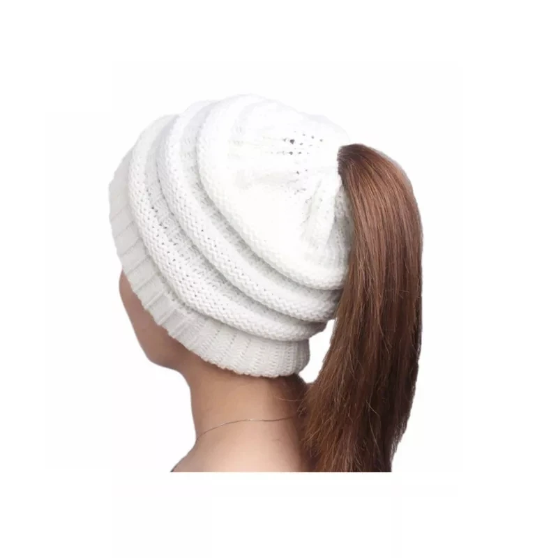 Horsetail Hat Winter Warm Cap Foldable High Quality Ponytail Cap Women Knitted Stretch Crochet Hat Hair Accessories Beanies