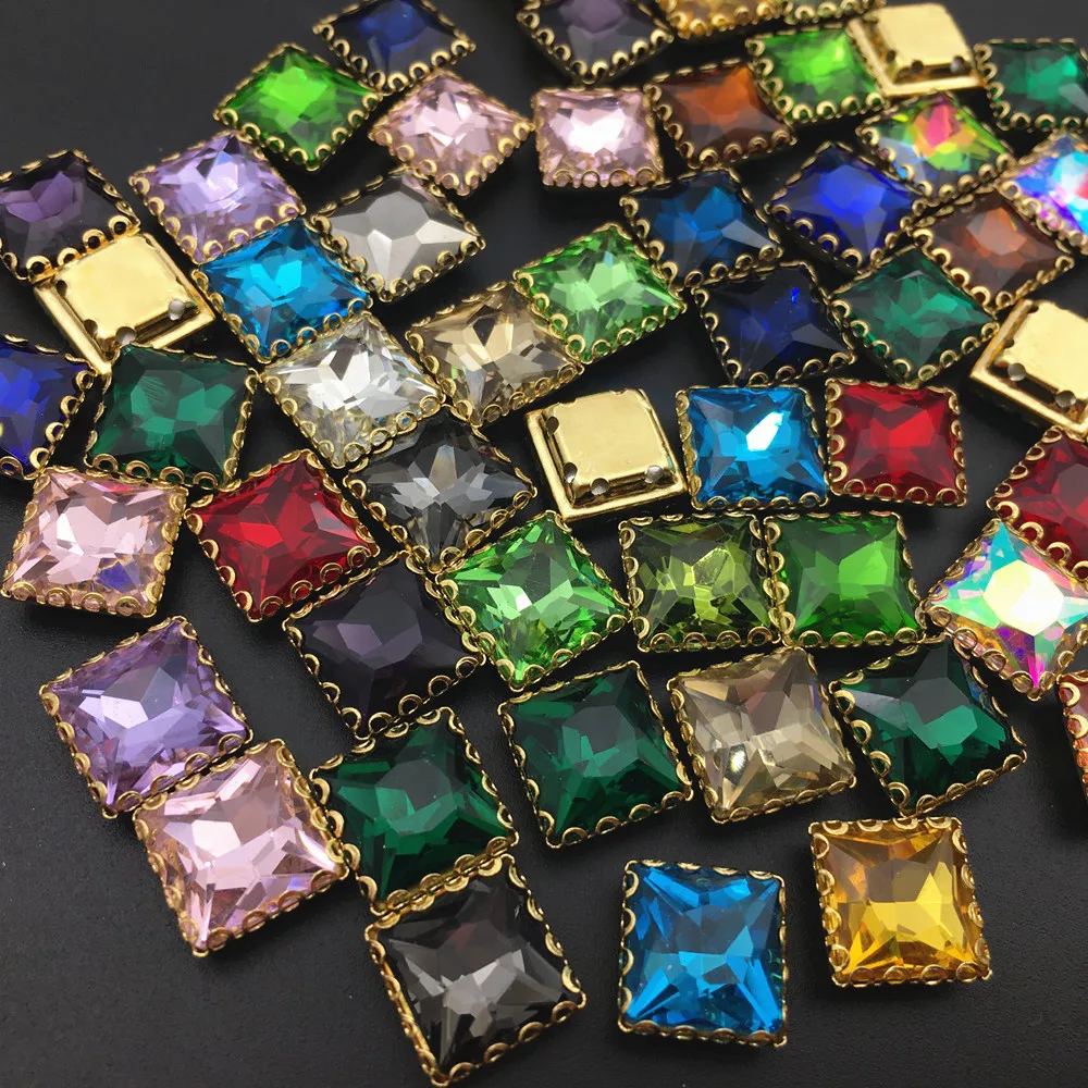 All colors 8mm 10mm 12mm 14mm Square Glass Crystal Lace Claw Rhinestones Golden Base Sew On Stone for Diy/Clothing accessorie