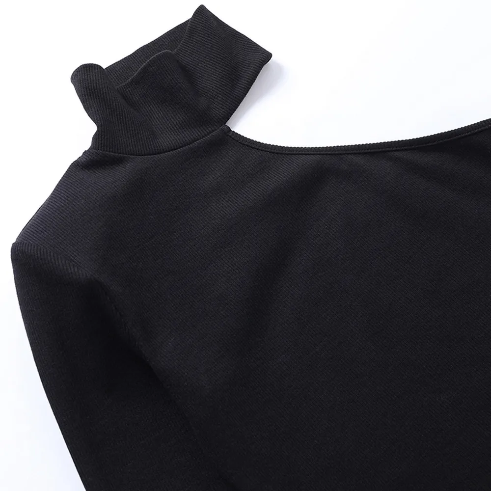 Basic Black One Shoulder Skinny Women's Bodysuit Long Sleeve Turtleneck Skinny Slim Sexy Fashion Streetwear Female Clothes