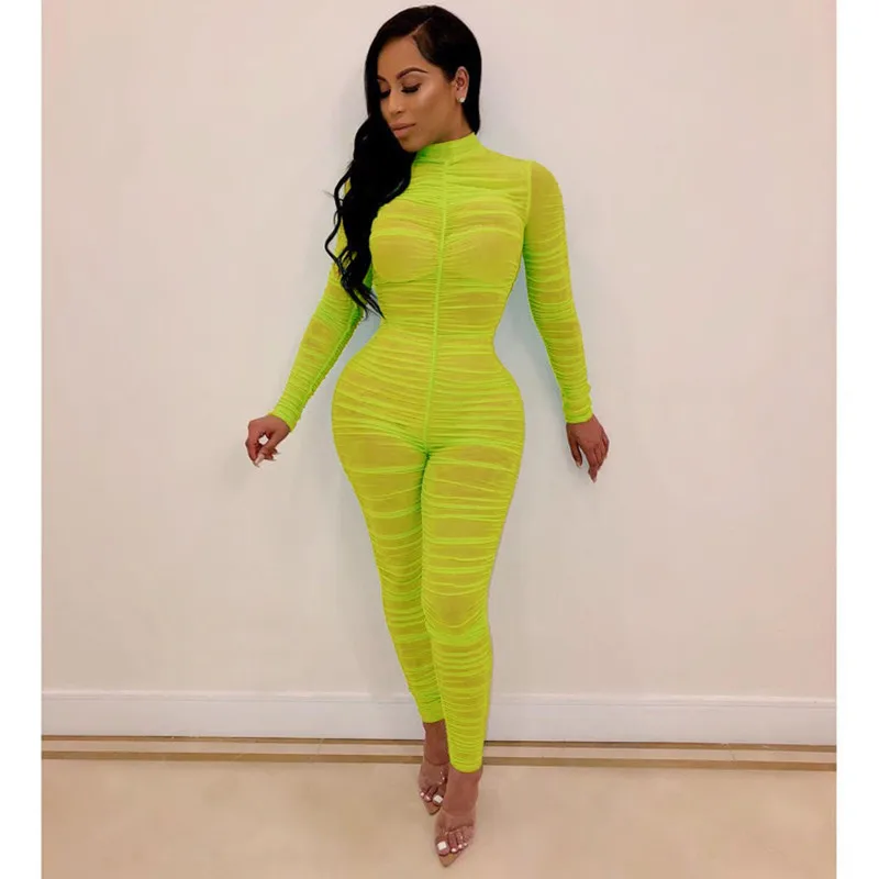 

BKLD Womens New Ruched O-Neck Mesh Rompers Jumpsuit 2023 Autumn Long Sleeve Bodysuit Clubwear Sexy See Through Women Jumpsuits