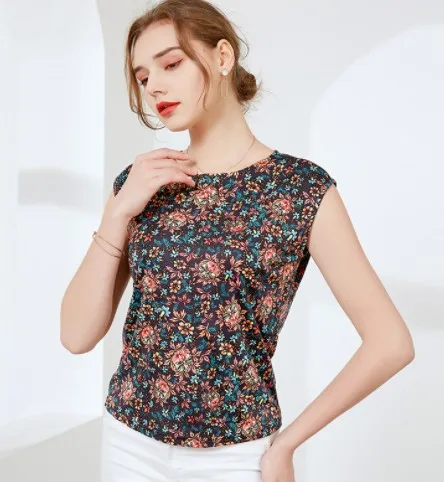 Large new silk printed T-shirt women's summer new raglan sleeve loose top mulberry silk knitted large round neck