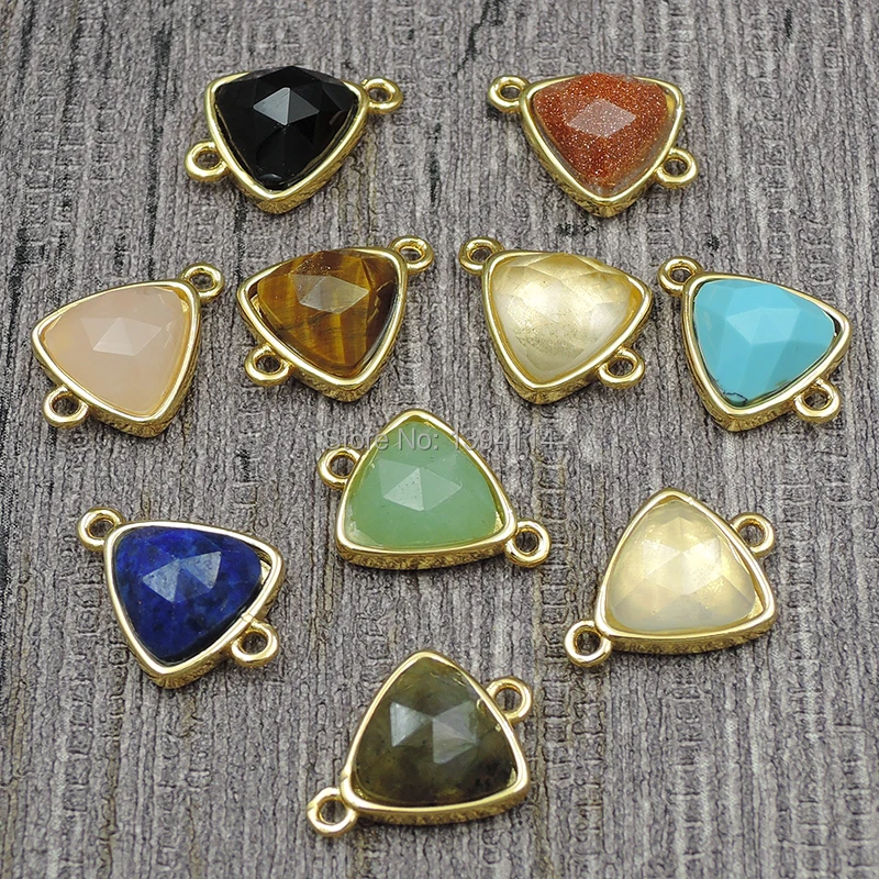 

12*12*5mm Clear Quartz Tiger Eye Lapis Faceted Point Triangle Connector With Gluing Copper Setting Gold-plated