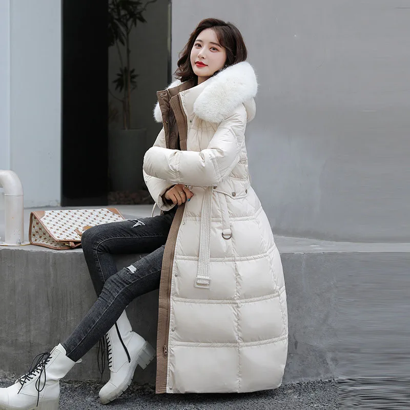 90% White Duck Down Thick Warmth Elegant Hooded Fur Collar Large Size Loose Female Coat 2024 New Women Winter Down Jacket OK1156