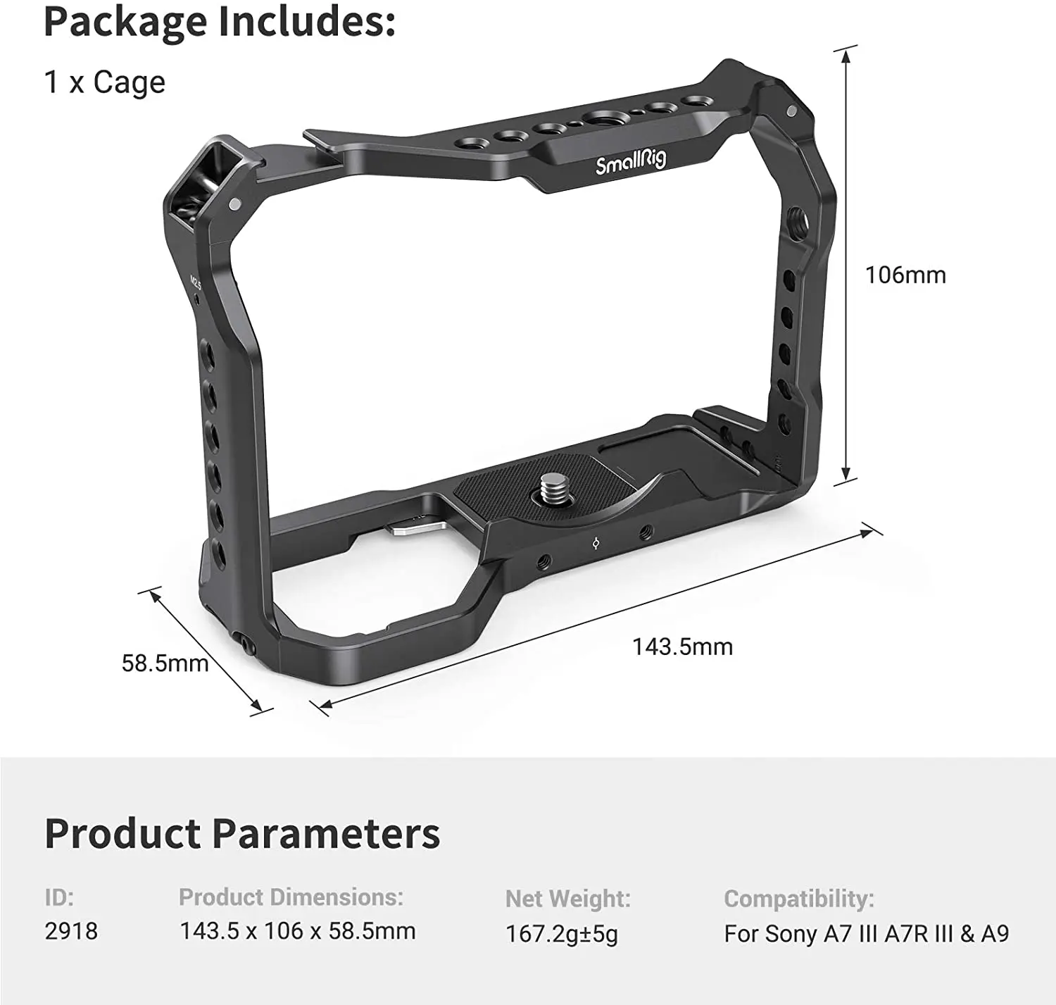 SmallRig DSLR for Sony A73 A7M3 A7R3 Light Camera Cage for Sony A7III A7R III A9 Camera Rig with Cold Shoe Mount Camera Kit 2918