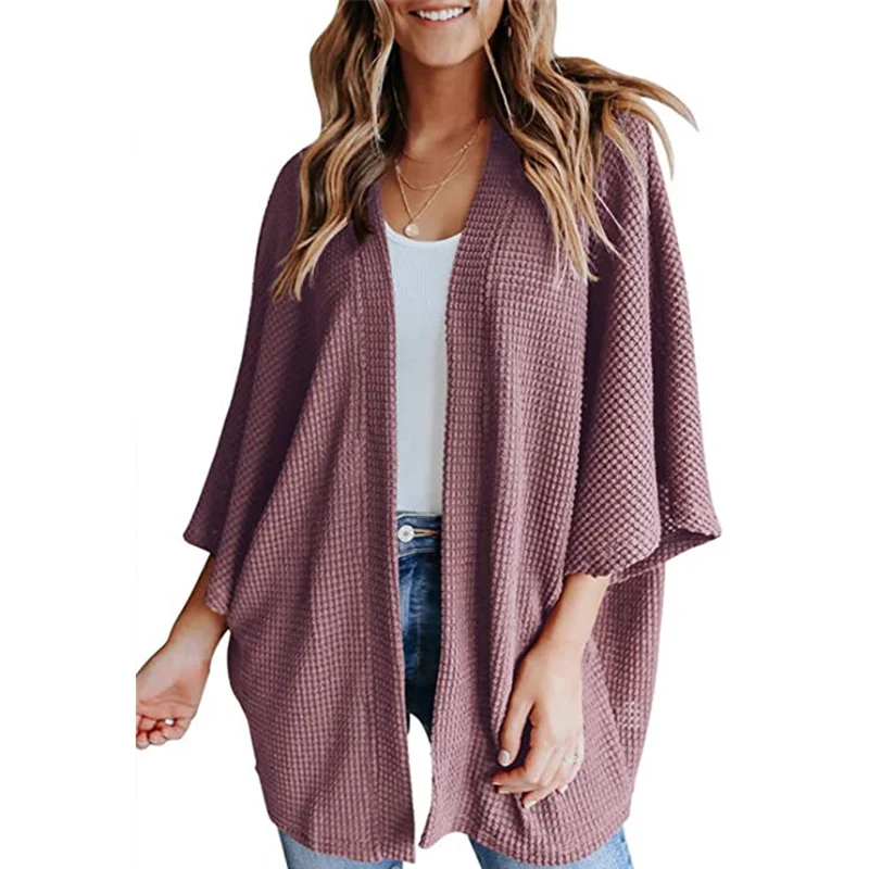 CINESSD Women 3/4 Bat Sleeved Waffle Cardigan Coat 2022 Solid Casual Loose Open Stitch Jackets Autumn Knit Cotton Cardigan Coats