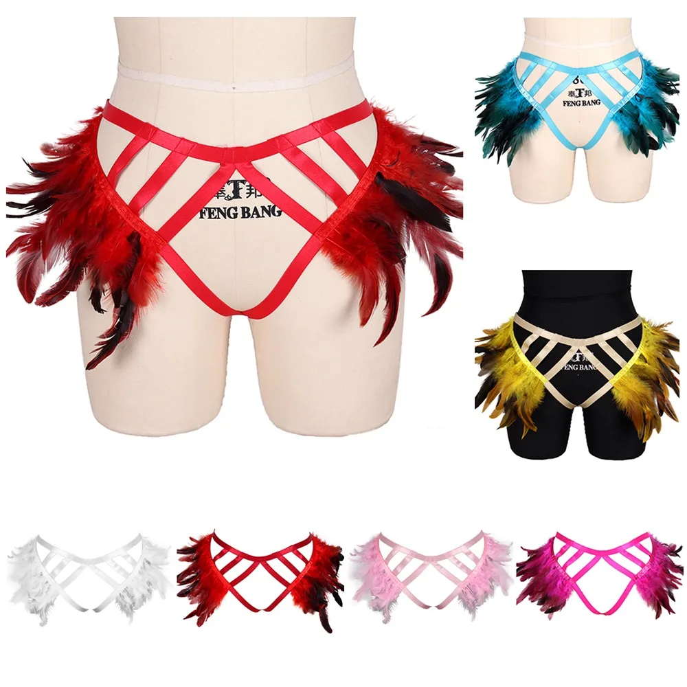 

Feathers Accessories Triangle Thong Harness Lingerie Erotic Stockings Garter Belts Women Sexy Body Bondage Goth Straps Fetish