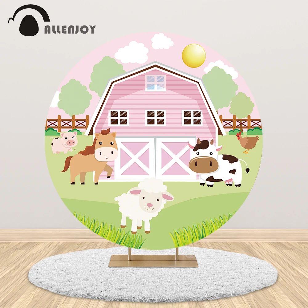 Allenjoy Zenon Farmhouse Banner Cartoon Cow Animals Barn Grass Birthday Party Background Baby Shower Kid Round backdrop Cover