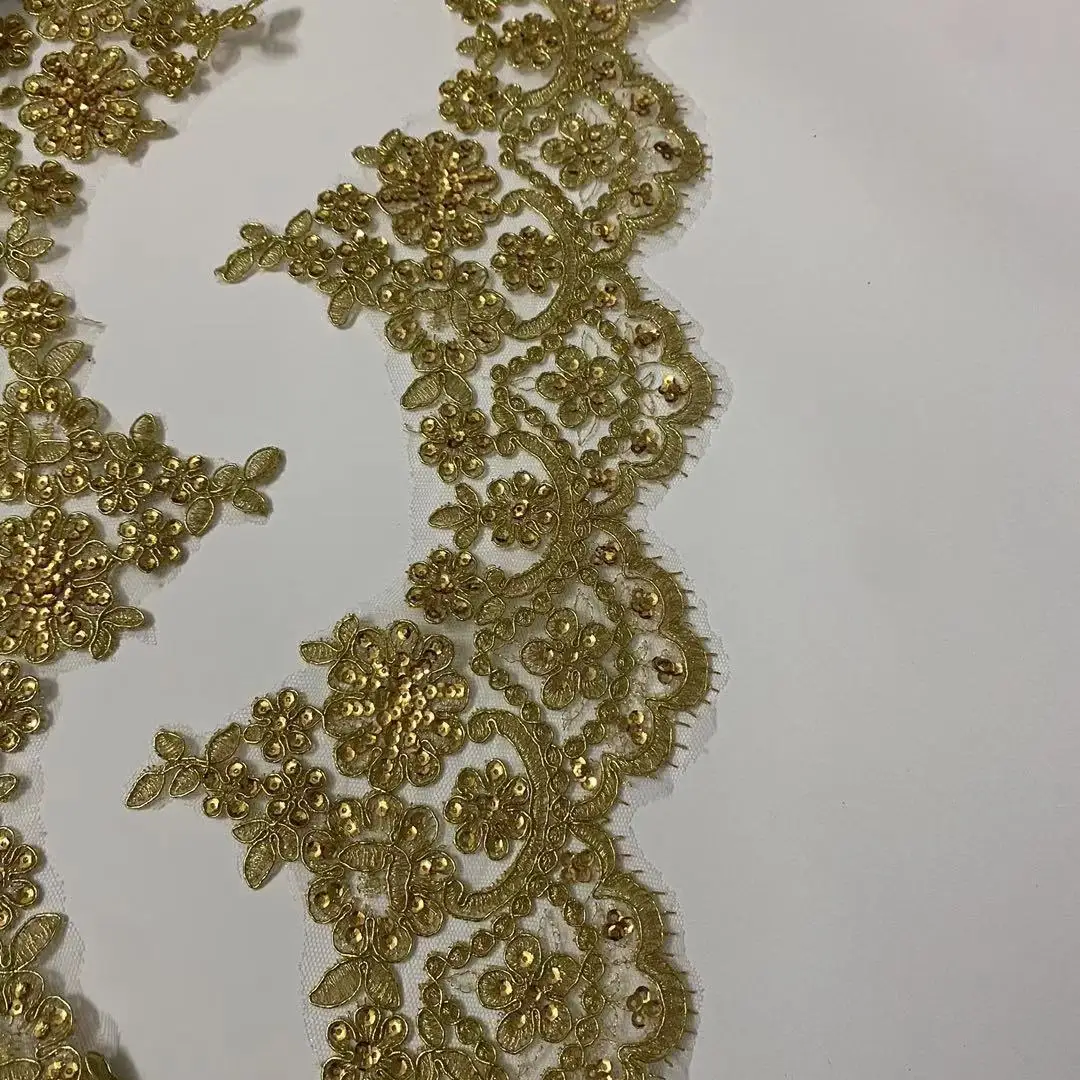 2yards Sequin Gold Thread Lace Flower Applique Trim Edge Handmade diy Material Wedding Clothing Applique Flower Timimg 13cm wide