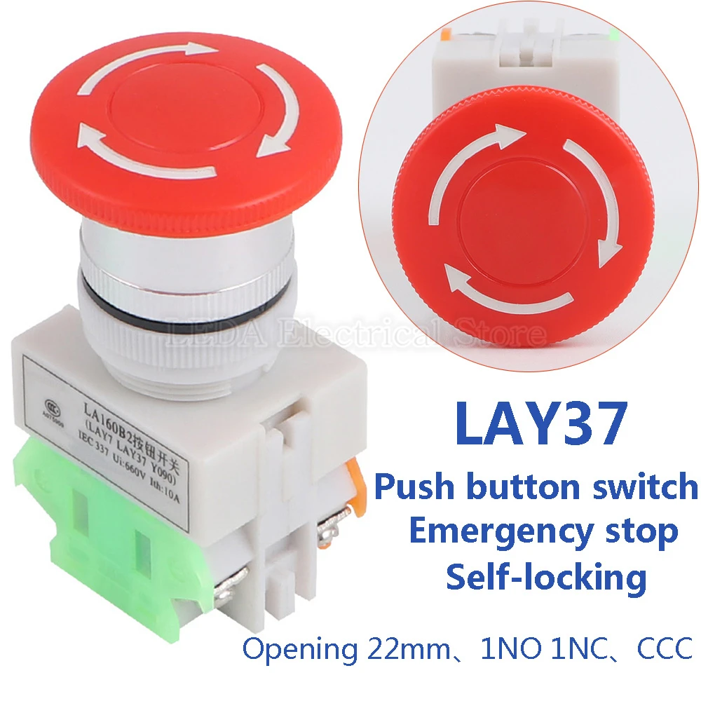 Mushroom Head LAY37-11ZS Emergency Stop Push Button Switch Self-lock/Latchiing LAY7 PBC Y090-11ZS Power NO/NC 4 Screw Terminals