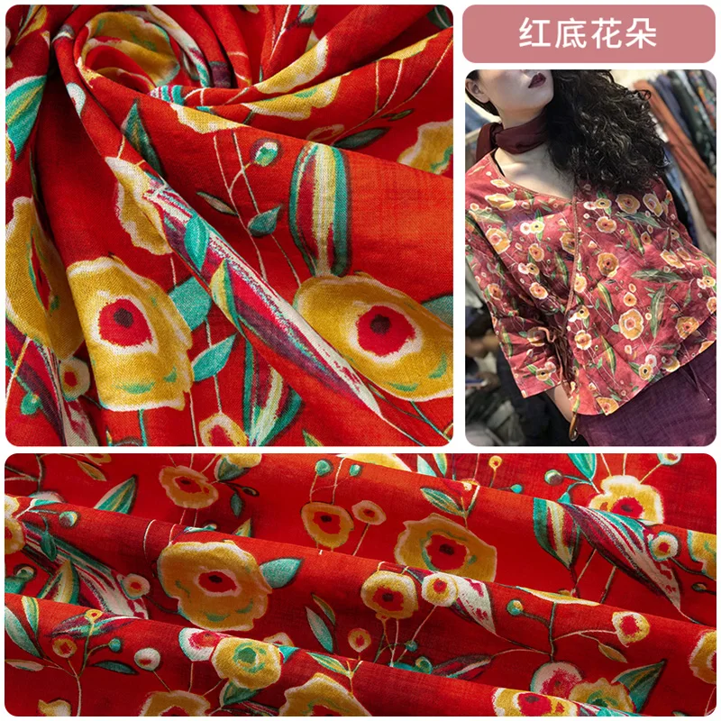 50x145cm Japanese Ethnic Style Cotton Thin Fabric Floral Print Fabric DIY Sewing Clothes Patchwork Cotton Linen Fabric