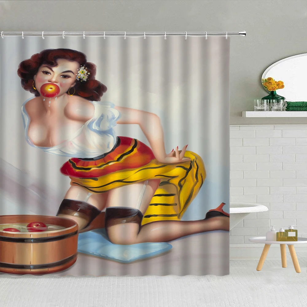 American Sexy Woman Shower Curtain Fashion Bikini Model Seaside Scenery Bathroom Decor Retro Temptation Girl Bath Hooks Curtains