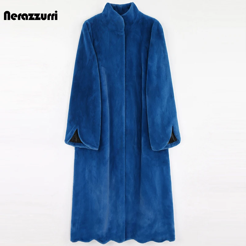 Nerazzurri Winter Long Blue Warm Thick Fluffy Faux Fur Coat Women Scallop Hem A Line Black Korean Fashion Outerwear 5xl 6xl 7xl