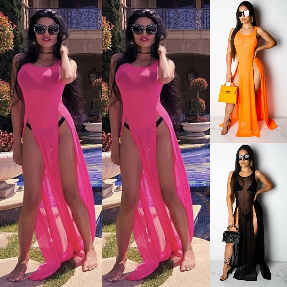 Vendita calda Sexy Women Mesh Sheer Long Maxi Dress Evening Party Beach Dresses Sundress Bikini Cover Up See-through Tulle Cover-Ups