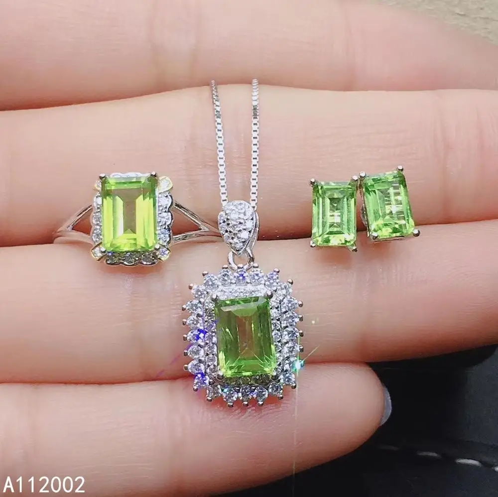 

KJJEAXCMY fine jewelry natural Peridot 925 sterling silver women pendant necklace chain earrings ring set support test fashion