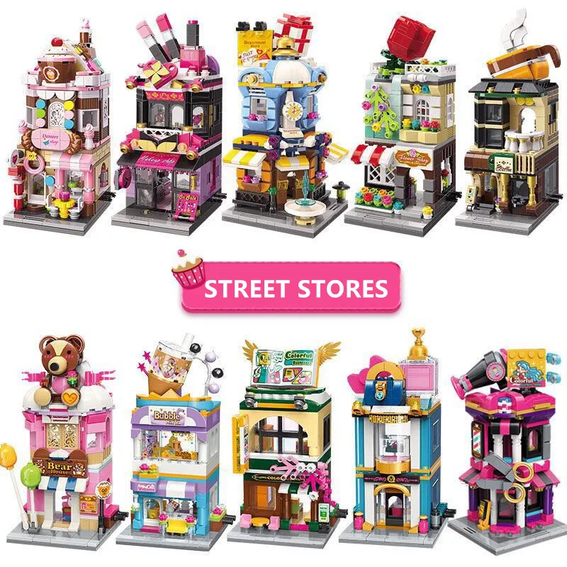 DIY City Street View Building Blocks City Flower Makeup Shop Coffee Store Model Architectures Educational Toys For Chilren gifts