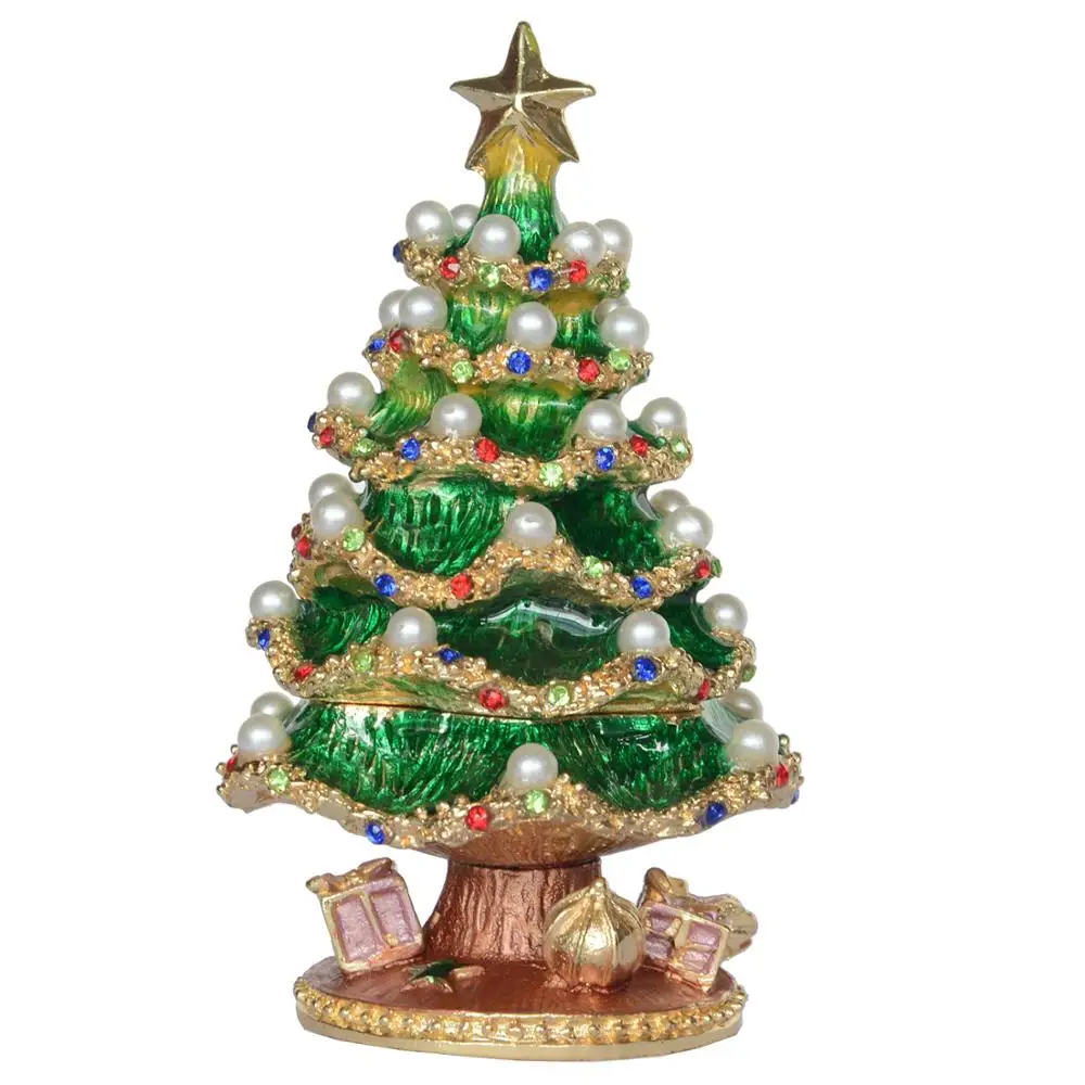 Golden Crystal Enameled Christmas Tree Jewelry Box Hand-Painted Hinged Holiday Trinket Box Elegant Home Decor & Unique Gift