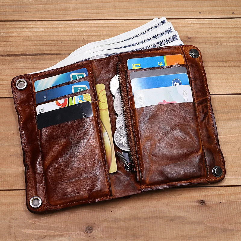 100% prawdziwej skóry portfel dla mężczyzn Vintage pomarszczona krótka Bifold męska torebka etui na karty kredytowe z zamkiem błyskawicznym kieszonka na monety saszetka na pieniądze