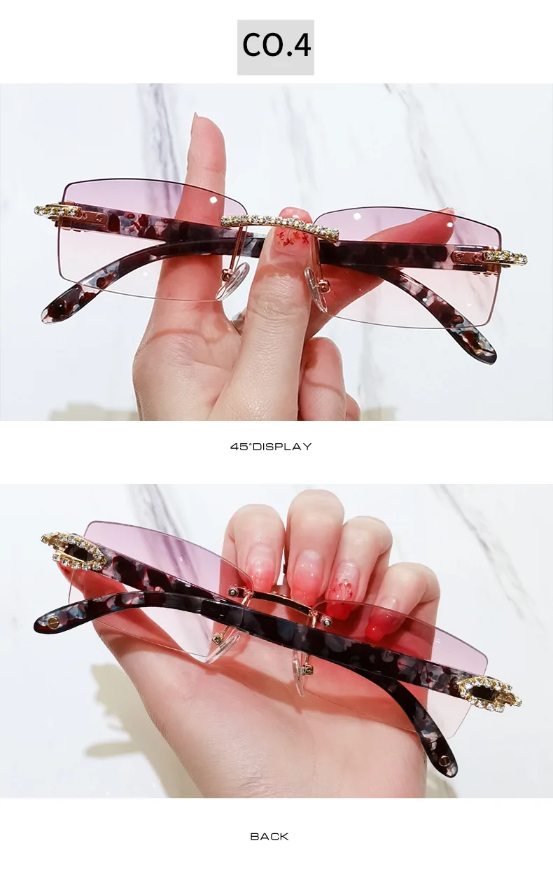 OEC-MANAGEMENT CPO Randlose Diamant Sonnenbrille Frauen Vintage Rechteck Sonnenbrille Weibliche Shades Strass Platz Brillen Gradient Farben – Detail 9