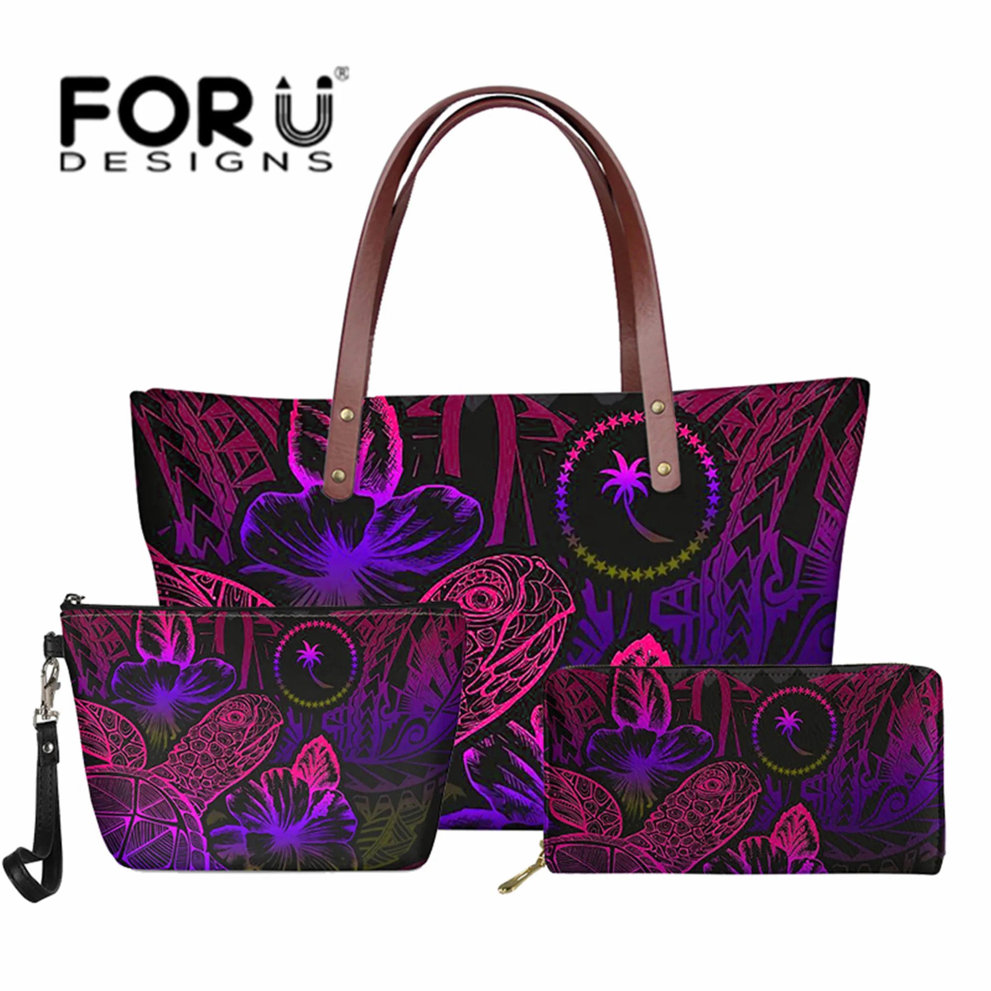 

Polynesian Chuuk Tribe Women Handbag 3pcs Set Samoan Plumeria Hibiscus Turtle Print Female Luxury Shoulder Bag and Wallet Bolsa