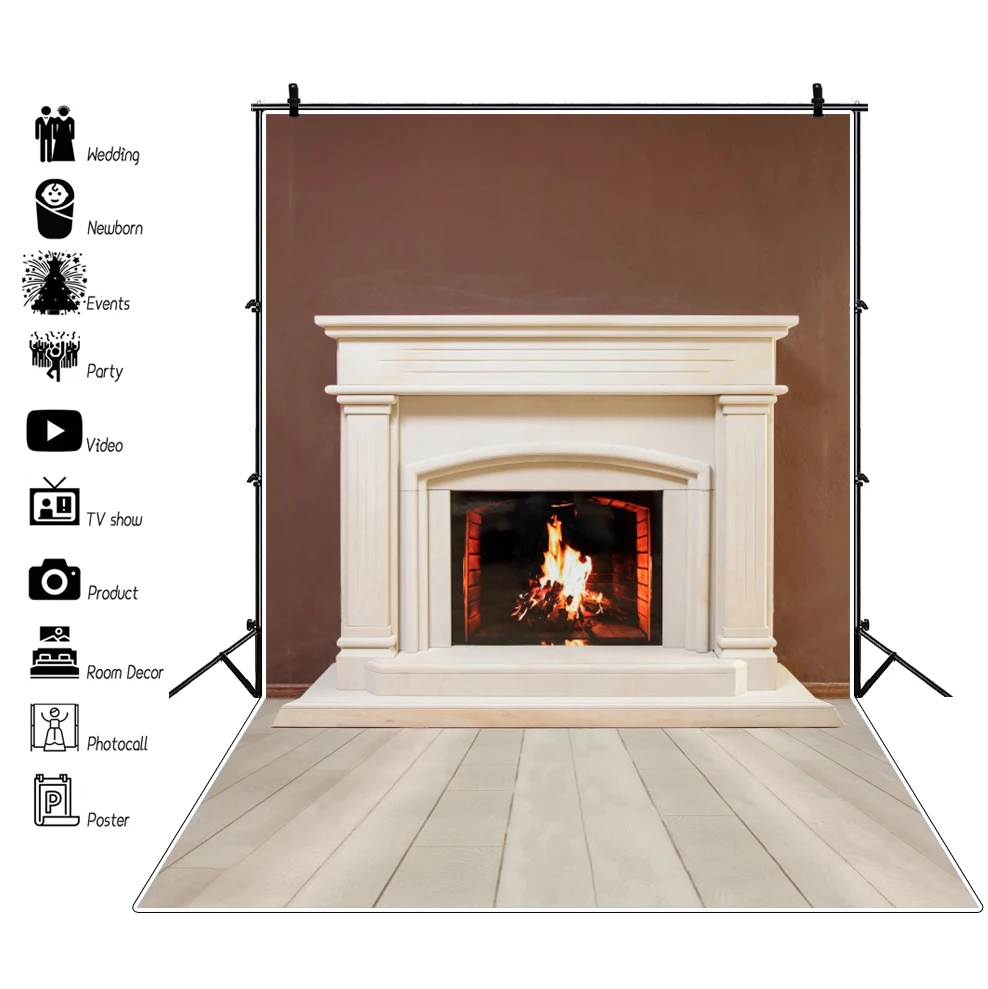 Laeacco Gray Fireplace Winter Snow Christmas Party Fire Wooden Floor Child Interior Photo Background Photo Backdrop Photo Studio