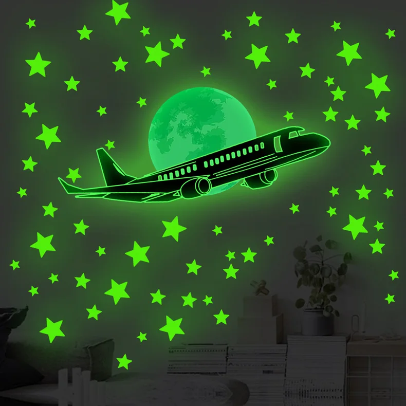 Flugzeug-Sterne-Mond-Leuchtwandaufkleber für Schlafzimmer, Wohnzimmer, Kinderzimmer, Heimdekoration, im Dunkeln leuchtende Kombinations-Tapeten – Detail 6