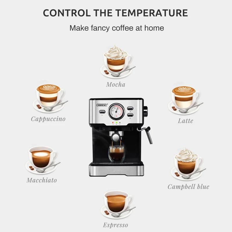 HiBREW Cafetera 20 Bar Espresso inox Semi Automática Expresso Cappuccino Agua Caliente Vapor Temperatura Pantalla H5