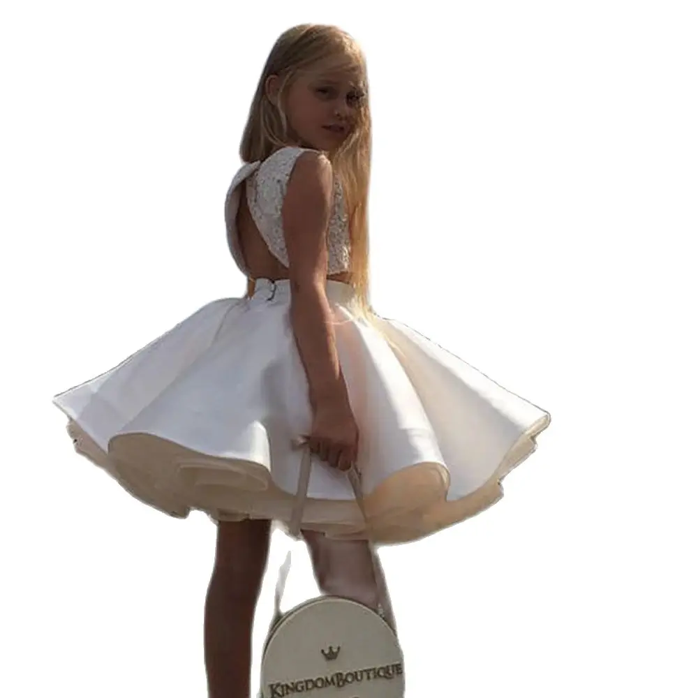 Vestidos de princesa de dos piezas para niña, vestidos de encaje de satén con capas de tul para fiesta de niños, Apliques de encaje, vestidos de celebridades