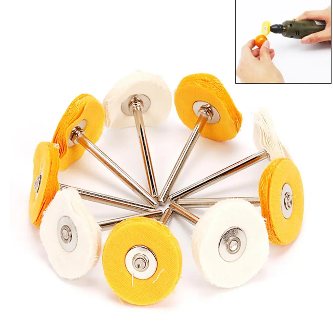 100PCS Yellow Cloth Wheel Brush 6X 22mm Rotary Round Polishing Buffing Tool For Dremel