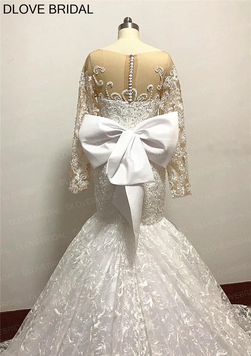 

Long Sleeve Lace Wedding Dress with Detachable Bow Back Illusion Bridal Gown Pearl Vestido De Noiva High Quality Real Photos