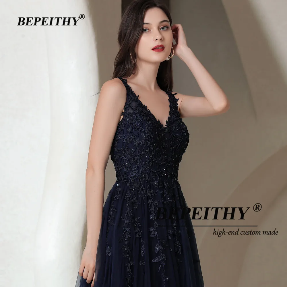 BEPEITHY Customized Navy Blue Long Evening Dresses For Women 2023 V Neck Sleeveless Prom Dress For Womens Elegant Luxury Gowns