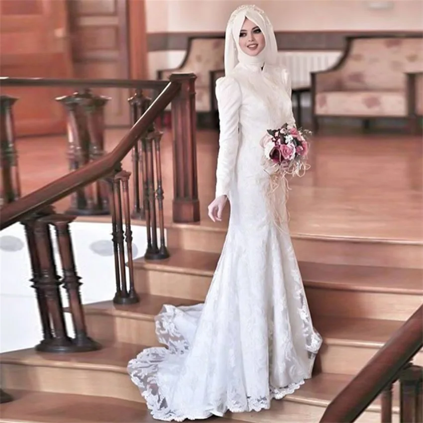 Elegant High Neck Muslim Wedding Dresses Lace Mermaid Arabic Bridal Gowns With Hijab Islamic Bridal Dress Vestidos de novia