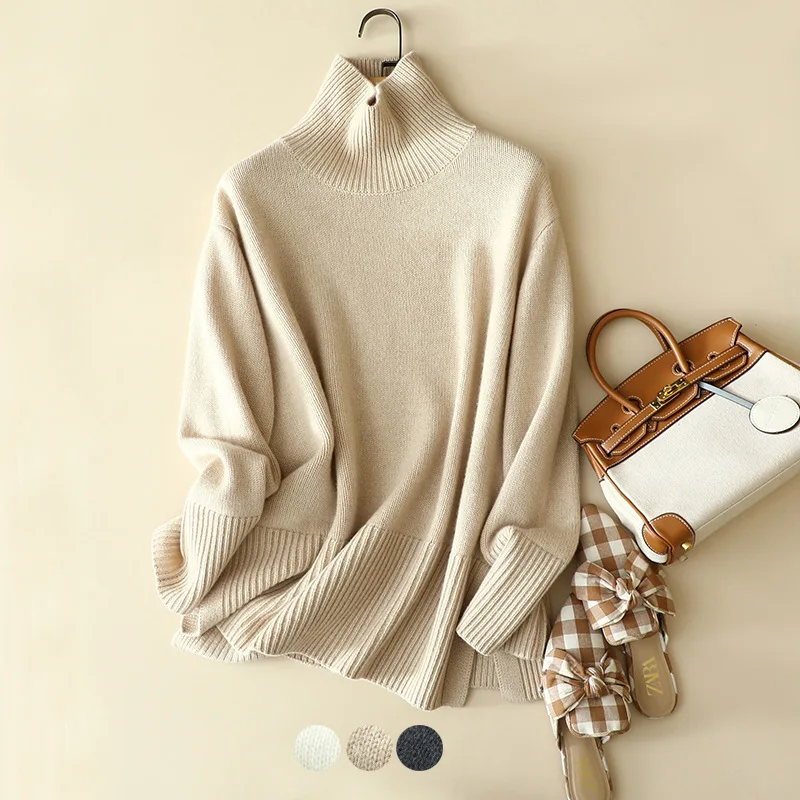 europe winter chic chunky knit 100% cashmere turtleneck sweater women long sleeve thick warm jumper