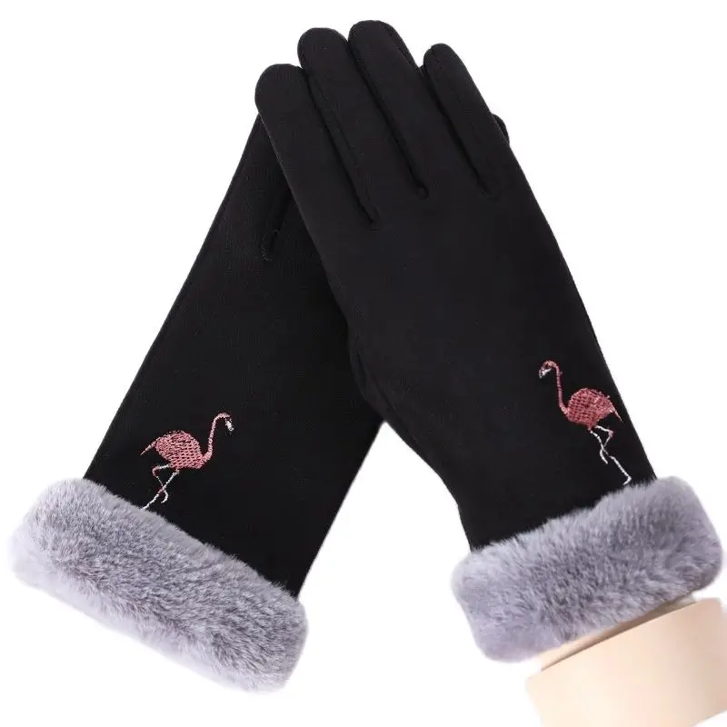 Autumn Winter Women Suede Fashion Flamingo Embroidery Thin Fleece Warm Gloves Soft Touch Screen Cycling Drive Mittens