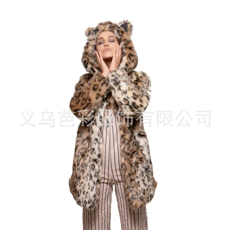 Casaco com capuz de pele sintética feminino, estampa de leopardo, grosso, quente, personalidade, inverno, moda, novo