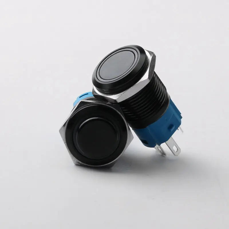 Black high head push button switch 12/16/19/22mm waterproof luminous LED light metal plane ring momentary switch 5V 12V 24V