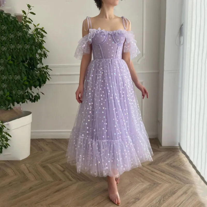 

Delicate Lavender Short Prom Dresses with Sleeve Hearty Vintage Homecoming Dress Tea Length 2021 Formal Evening Party Gowns