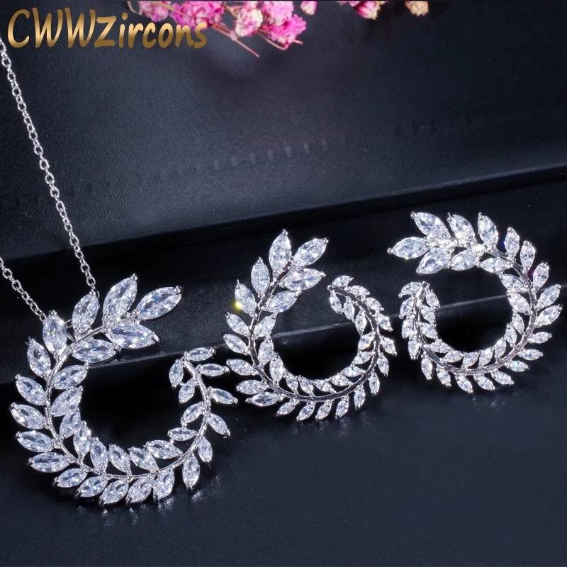 CWWZircons Fashion Women Costume Jewelry Sparkly Olive Branch Marquise Cut Cubic Zirconia Pendant Necklace and Earring Sets T087