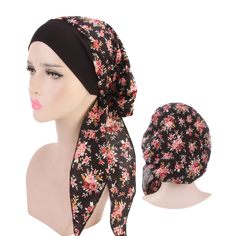 New fashion printed flowers women inner hijabs caps muslim head scarf turban bonnet ready to wear ladies wrap under hijab cap