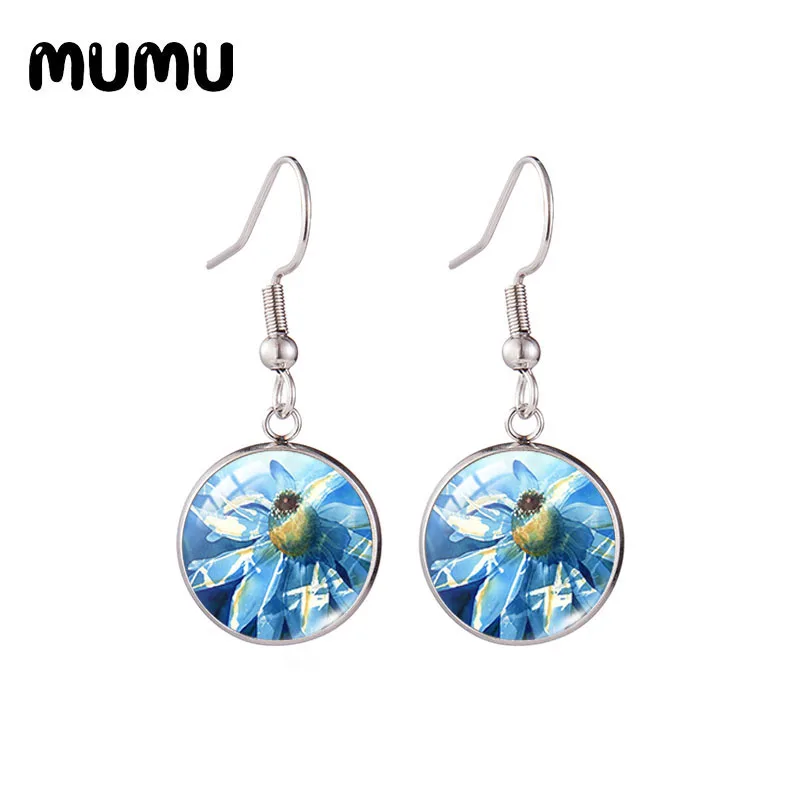 2020 New Blue Cornflowers Earring Cornflower Round Jewelry Printed Picture Glass Cabochon Fish Hook Earrings