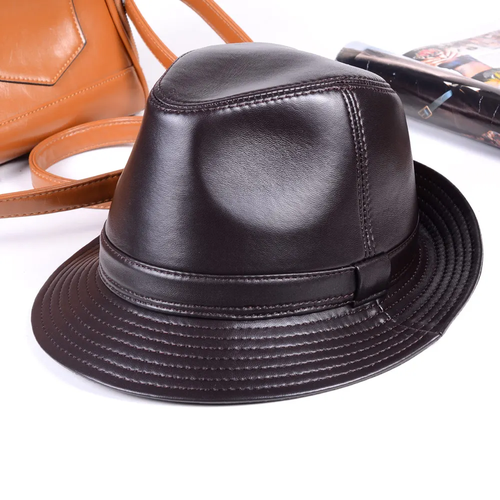 New Women\'s Men\'s 100% Real Leather Sheep Skin Top Hat gentleman cap Fedora Hats/Caps