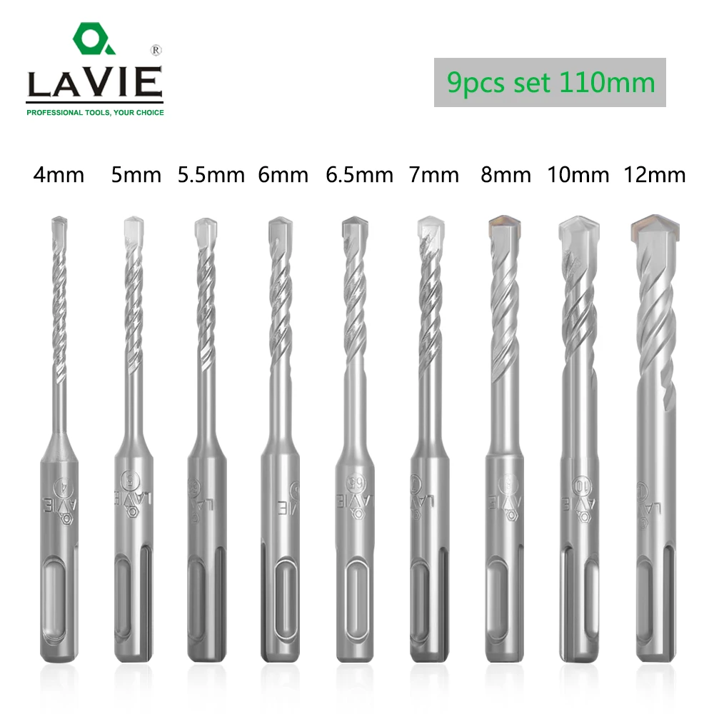 LAVIE 9 szt. Zestaw wierteł SDS Plus do młotowiertarki 110mm do betonu, cegły, muru, otwornica do wiercenia otworów 4mm 5mm 6mm 017
