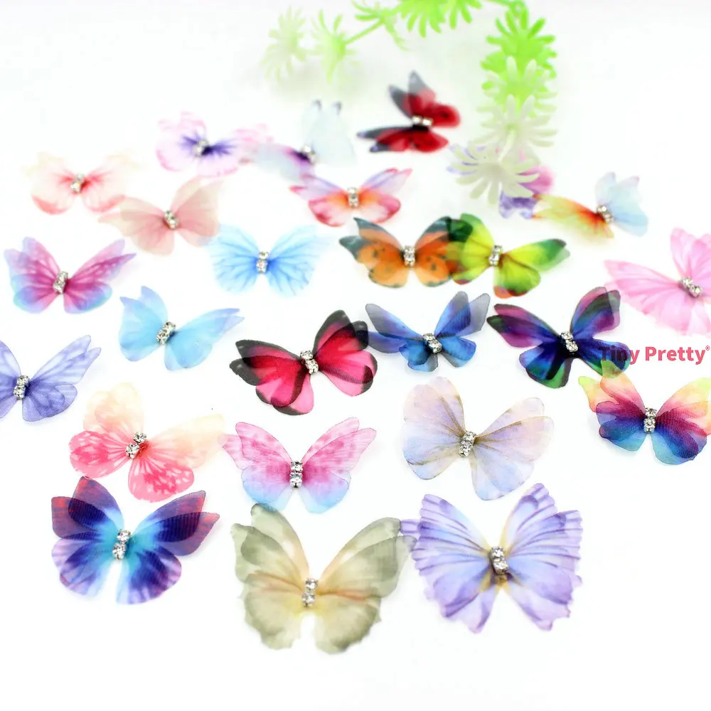 20PCS 3.0cm IRREGULAR Organza Butterflies w/ Rhinestone Chiffon Artificial Butterfly for Baby Hair Accessory, Party Decoration