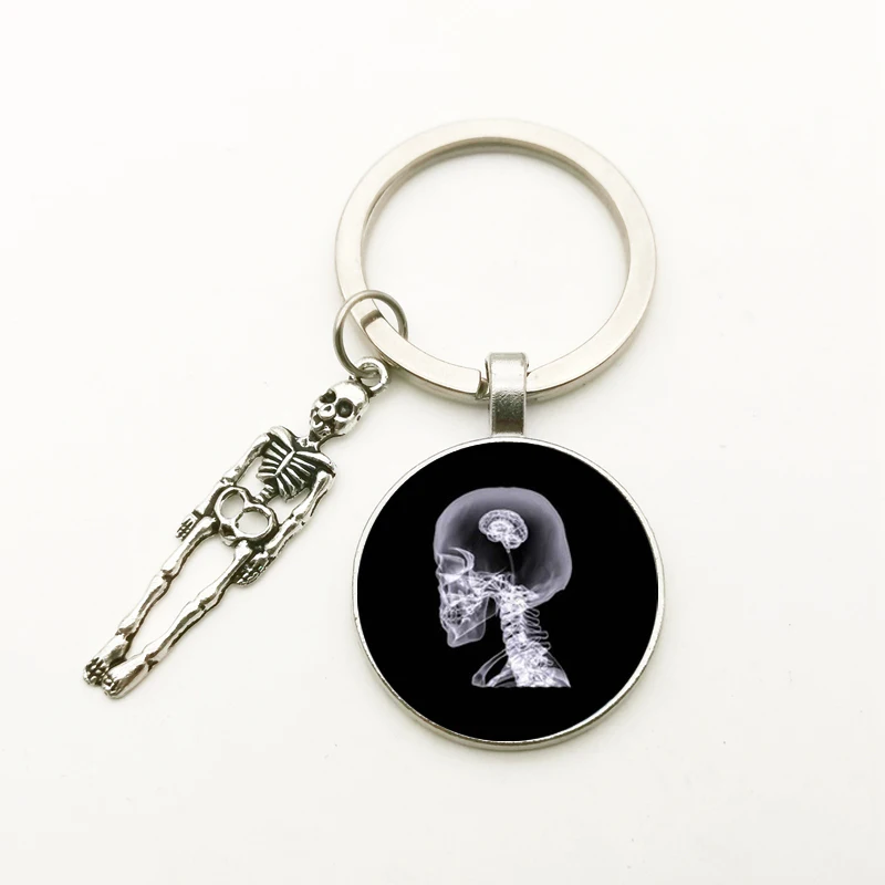 Fashion Creative Vintage Skeleton Pendant Key Chain X-ray Film Glass Convex Round Key Ring Cute Key Chain Handmade DIY Bag Charm