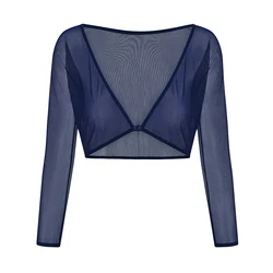 Top de manga larga para mujer, Top fino de perspectiva, Tops de encogimiento de hombros con cuello en V, blusa de malla, camisa femenina 2021