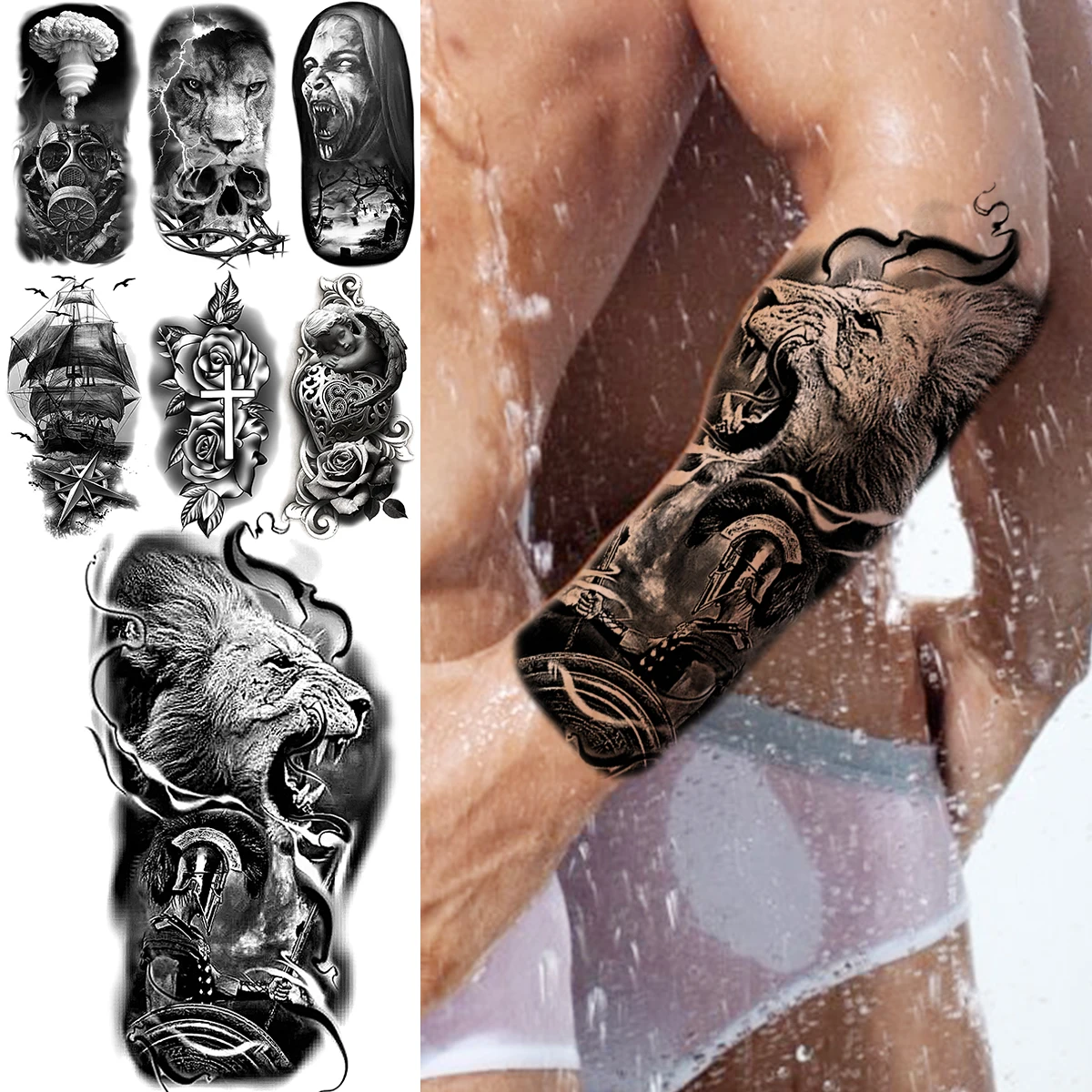 3D Lion Knight Temporary Tattoos For Men Adult Pirate Ship Rose Flower Vampire Realistic Fake Tattoo Waterproof Body Art Tatoos