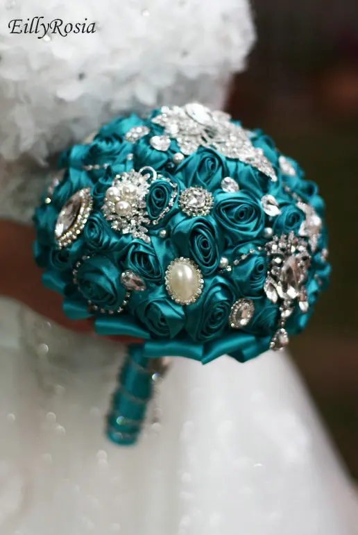 Turquoise Bridal Brooch Bouquet Jewelry Satin Roses Handmade Peacock Blue Bride Flower Bouquet de mariage flor artificial