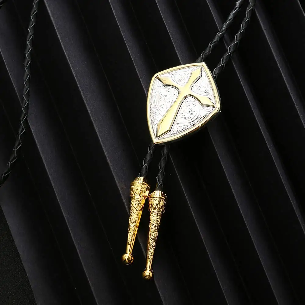 Gold Romen Shield Cross Pattrn Bolo Tie สำหรับ Man อินเดียคาวบอย Western Cowgirl หนังเชือกสังกะสีโลหะผสมเนคไท