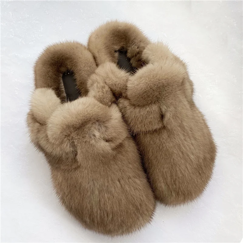 Ladies New High Quality 100% Mink Slippers Fur Turf Flat Shoes Household Furf Slippers